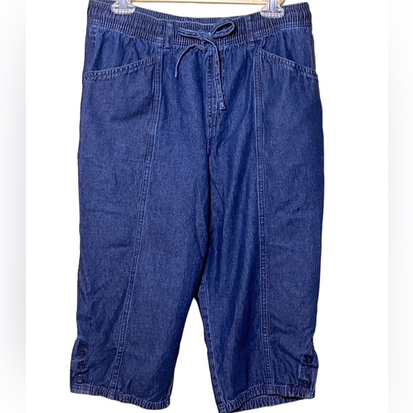 Erika Y2K blue drawstring elastic waist button on legs capri jeans Sz PL - Picture 1 of 6